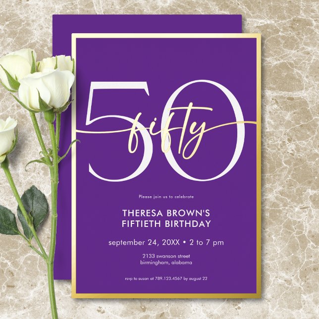 Modern Minimal Purple Fifty Script Birthday (Modern Minimal Purple Fifty Script Birthday Foil Invitation)