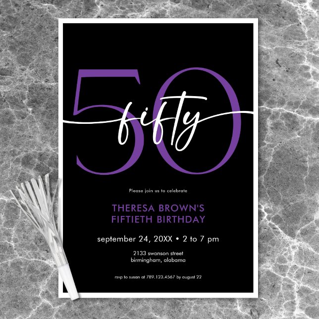 Modern Minimal Purple Fifty Script Birthday Invitation (Modern Minimal Purple Fifty Script Birthday Invitation)