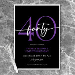 Modern Minimal Purple Forty Script Birthday Invitation<br><div class="desc">Modern and chic,  this birthday invitation combines classic black and white with accents of bright purple. It's minimal design is a simple and fun design to celebrate the milestone birthday. The back is a simple polka dot pattern. Created by Simply Farmhouse Press.</div>