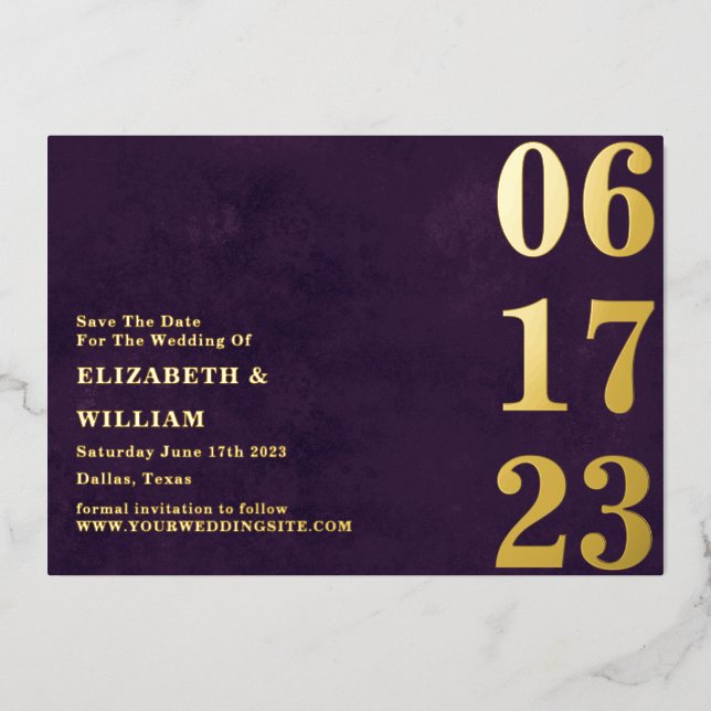 Modern Minimal Purple Gold Photo Save The Date (Front)