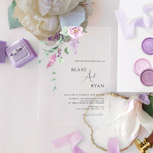 Modern Minimal Purple, Mauve and Pastel Floral Acrylic Invitations