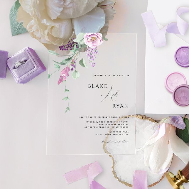 Modern Minimal Purple, Mauve and Pastel Floral Acrylic Invitations (Creator Uploaded)