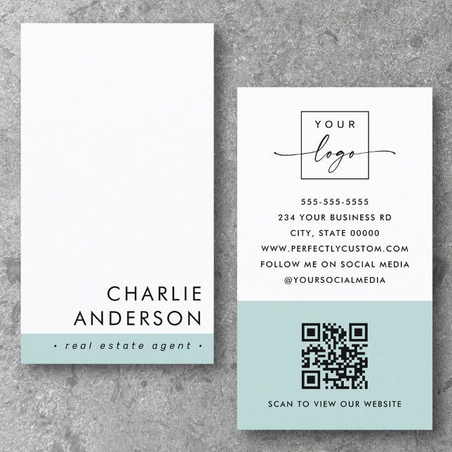 Modern minimal QR code aqua blue white vertical Business Card (Modern minimal QR code aqua blue white vertical Business Card)