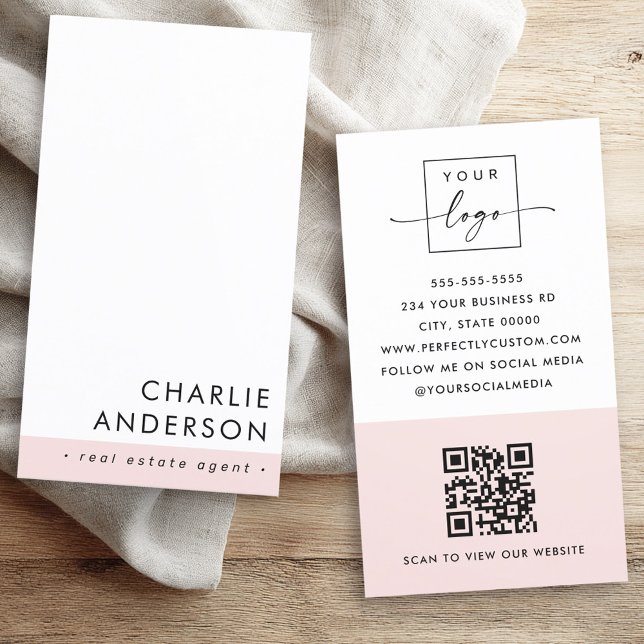 Modern minimal QR code blush pink white vertical Business Card (Modern minimal QR code blush pink white vertical Business Card)