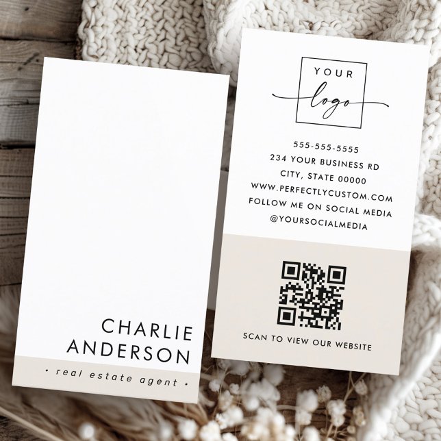 Modern minimal QR code light brown white vertical Business Card (Modern minimal QR code light brown white vertical Business Card)