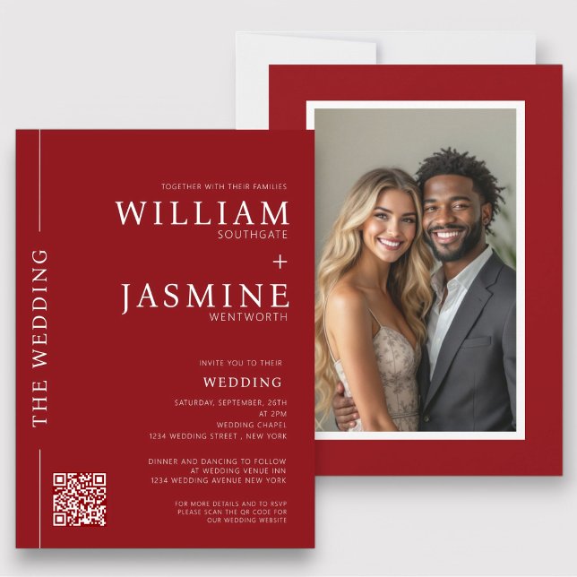 Modern Minimal QR Code & Photo All-In-One Invitation (modern red and white simple typography photo wedding all in one wedding invite with website qr code)