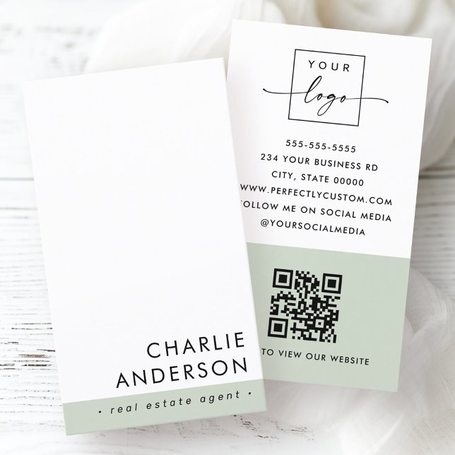 Modern minimal QR code sage green white vertical Business Card (Modern minimal QR code sage green white vertical Business Card)