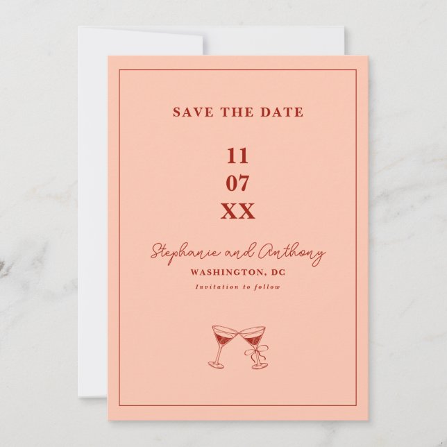 Modern Minimal Red and Coral Frame Wedding Save The Date (Front)
