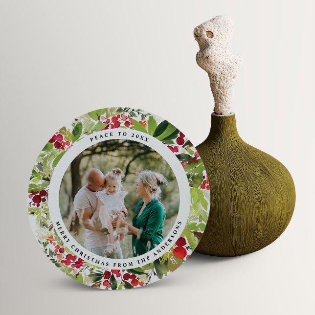 Modern minimal red and green watercolor botanical holiday card (Creator Uploaded)