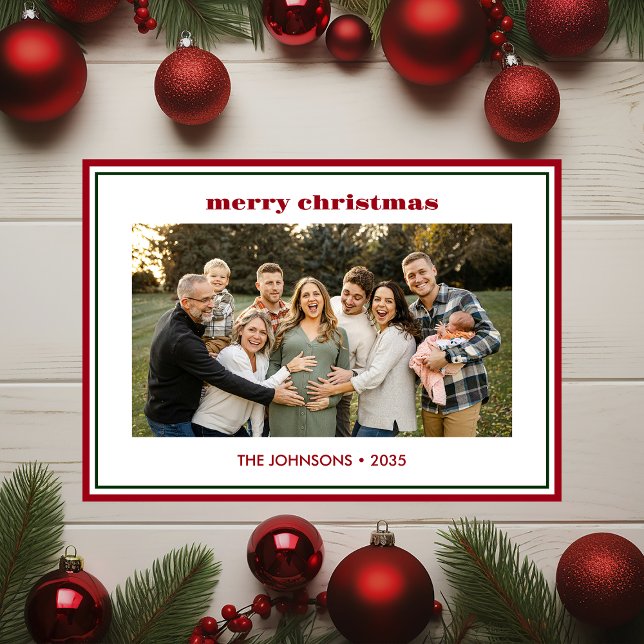 Modern Minimal Red Border Photo Holiday Card (Creator Uploaded)