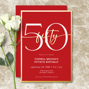 Modern Minimal Red Fifty Script Birthday