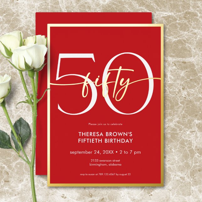 Modern Minimal Red Fifty Script Birthday (Modern Minimal Red Fifty Script Birthday Foil Invitation)