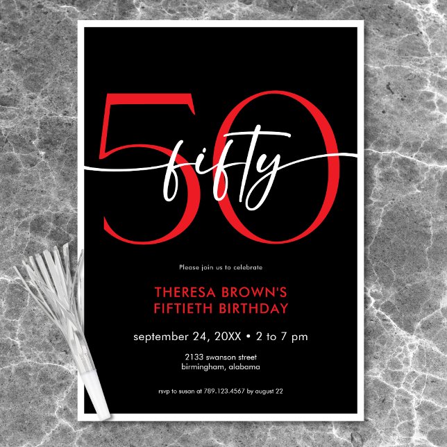 Modern Minimal Red Fifty Script Birthday Invitation (Modern Minimal Red Fifty Script Birthday Invitation)