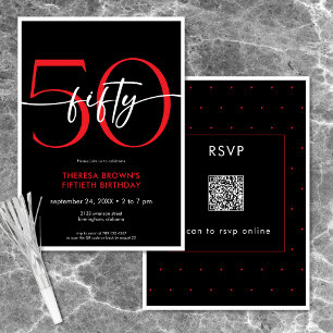 Modern Minimal Red Fifty Script Birthday QR Invitation