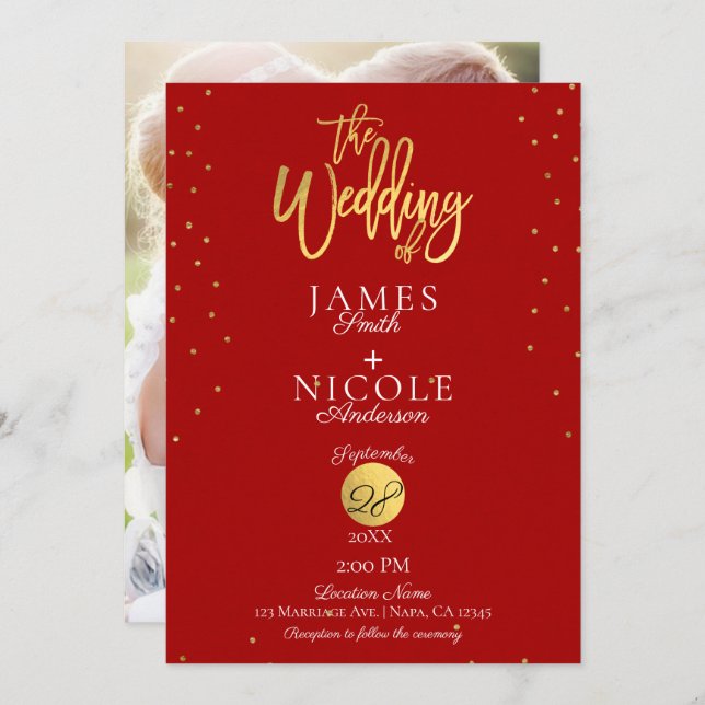 Modern Minimal Red & Gold Foil Photo Wedding Invitation (Front/Back)