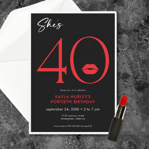 Modern Minimal Red Lips She's Forty Birthday Invitation