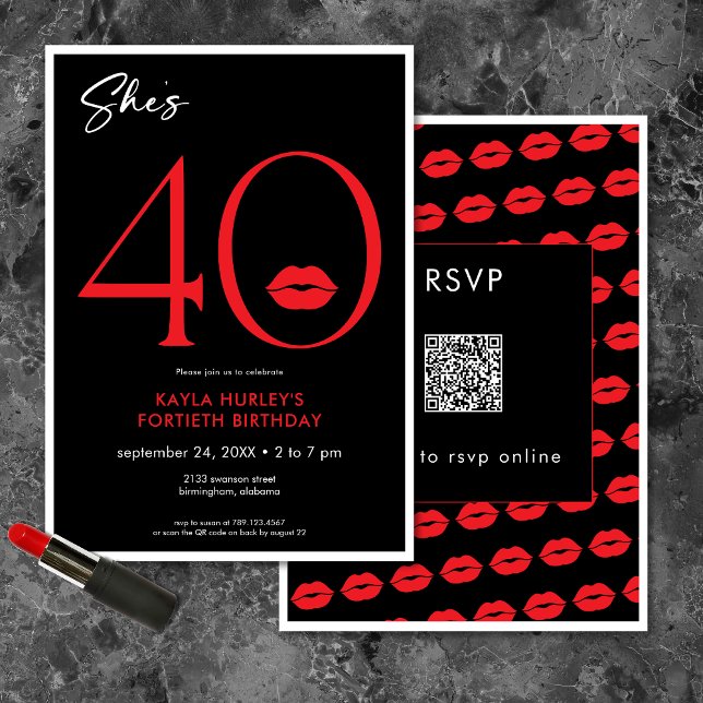 Modern Minimal Red Lips She's Forty Birthday QR Invitation (Modern Minimal Red Lips She's Forty Birthday QR Invitation)