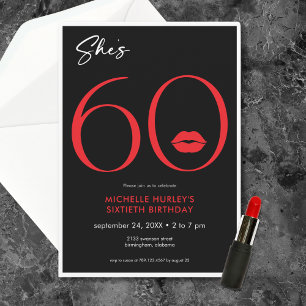 Modern Minimal Red Lips She's Sixty Birthday Invitation