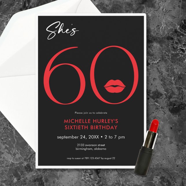 Modern Minimal Red Lips She's Sixty Birthday Invitation (Modern Minimal Red Lips She's Sixty Birthday Invitation)