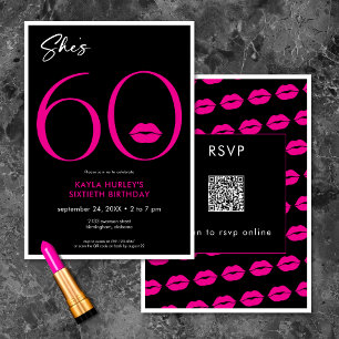 Modern Minimal Red Lips She's Sixty Birthday QR Invitation