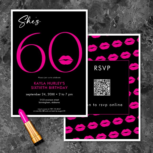 Modern Minimal Red Lips She's Sixty Birthday QR Invitation (Modern Minimal Pink Lips She's Sixty Birthday QR Invitation)