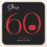 Modern Minimal Red Lips She's Sixty Birthday Square Paper Coaster<br><div class="desc">Modern and chic,  this birthday paper coaster design declares,  "she's 60" and combines classic black and white with accents of bright red,  with a playful pair of lips. It's minimal design is a simple and fun design to celebrate the milestone birthday. Created by Simply Farmhouse Press.</div>