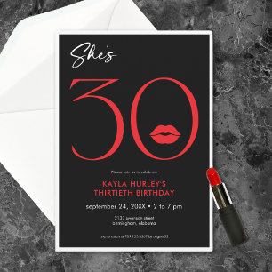 Modern Minimal Red Lips She's Thirty Birthday Invitation