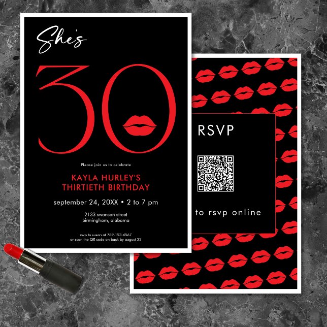 Modern Minimal Red Lips She's Thirty Birthday QR Invitation (Modern Minimal Red Lips She's Thirty Birthday QR Invitation)