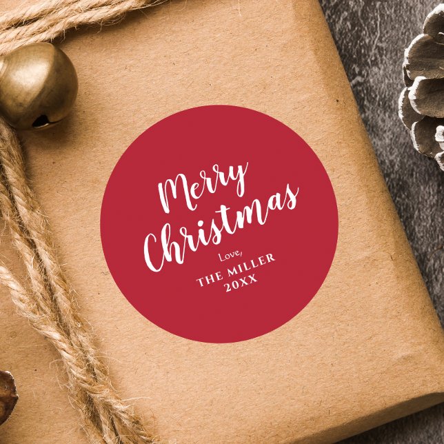 Modern Minimal Red Merry Christmas Family Classic Classic Round Sticker (Creator Uploaded)