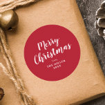 Modern Minimal Red Merry Christmas Family Classic Round Sticker<br><div class="desc">Contact with me if you need help.</div>