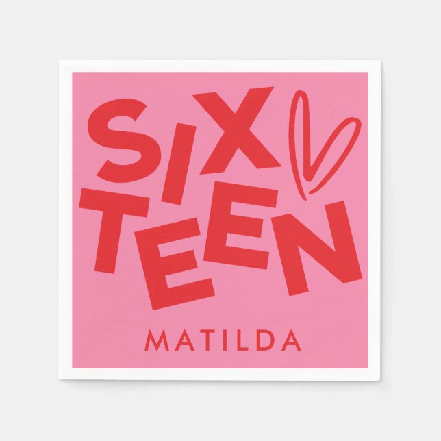 Modern minimal red pink typography 16th birthday napkin (Front)