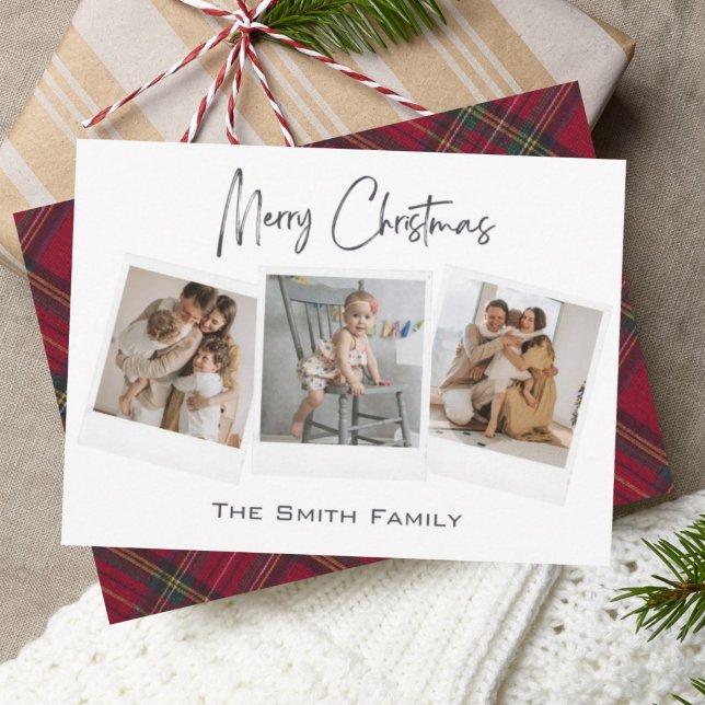 Modern Minimal Red Plaid Merry Christmas Photo Holiday Card (Creator Uploaded)