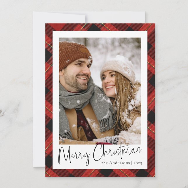 Modern Minimal Red Tartan Plaid Photo Christmas Holiday Card (Front)