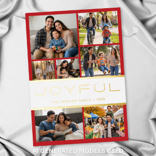 Modern Minimal Red White 7 Photo Collage Joyful Foil Holiday Card