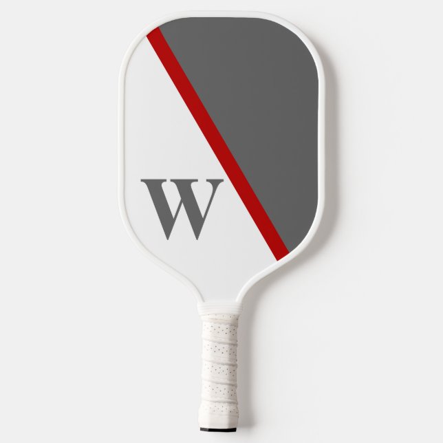 Modern Minimal Red White & Grey Monogram Pickleball Paddle (Back)