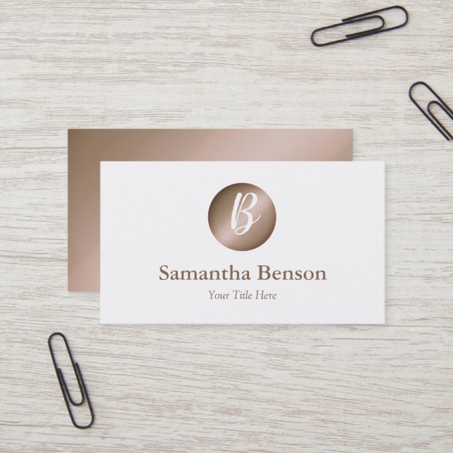 Modern Minimal Rose Gold Circle White Monogram Business Card (Front/Back In Situ)