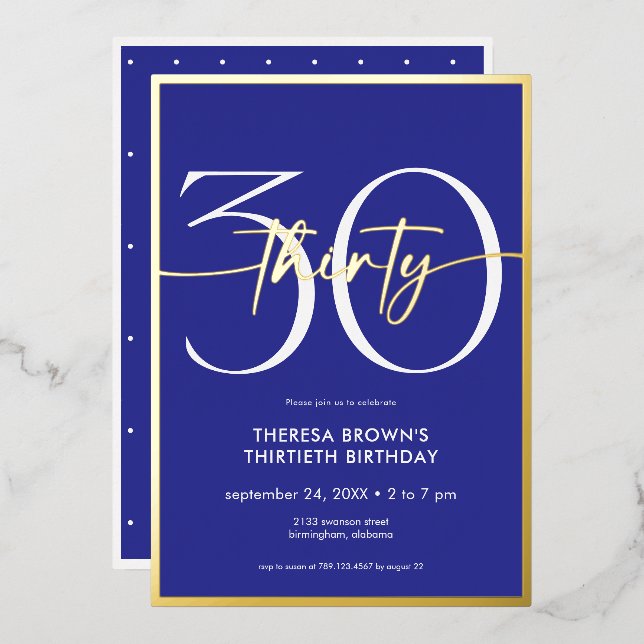 Modern Minimal Royal Blue Thirty Script Birthday (Front/Back)