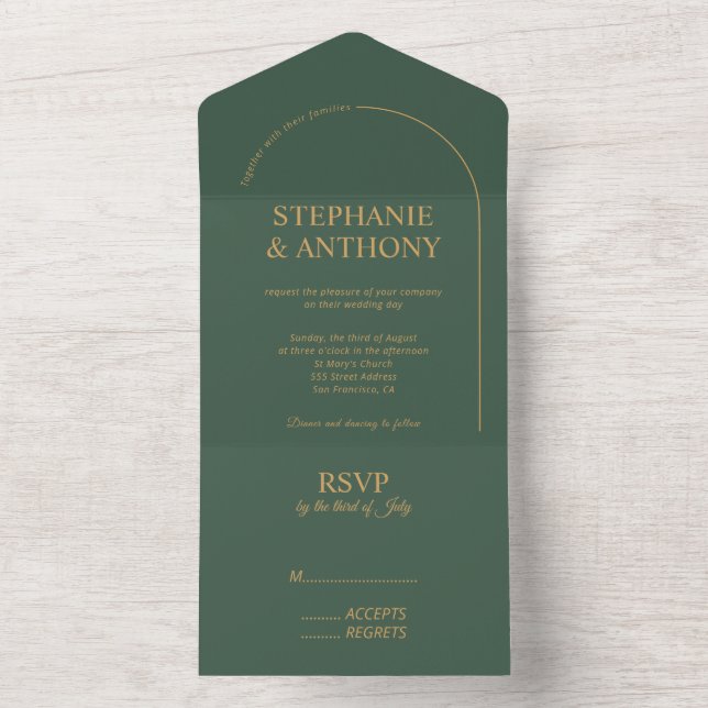 Modern Minimal Sage and Gold with Arch Wedding    All In One Invitation (Inside)