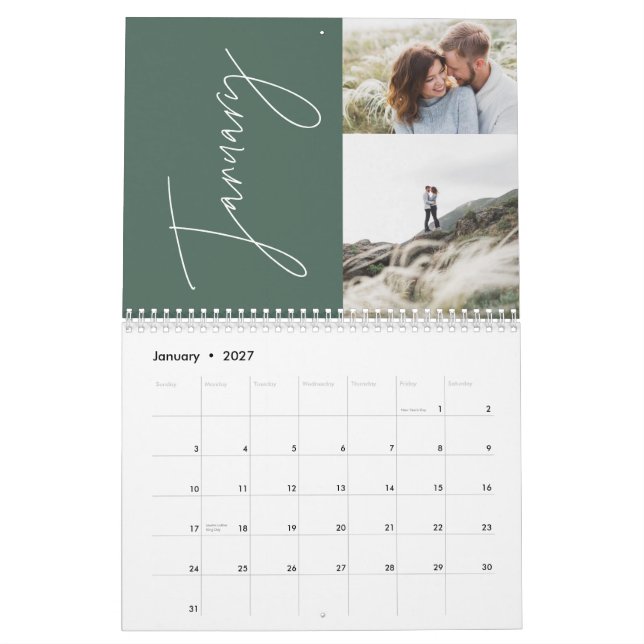 Modern minimal sage green 2 photo family elegant calendar (Jan 2027)