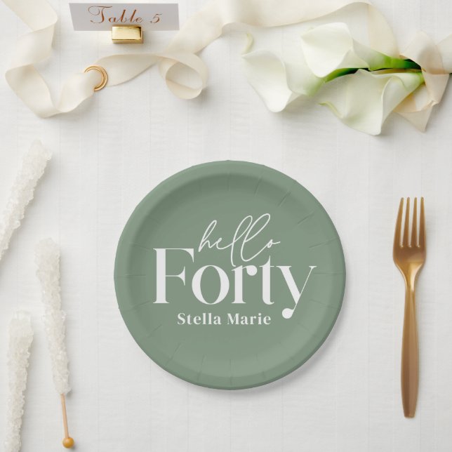 Modern minimal sage green 40th birthday decor paper plate (Wedding)