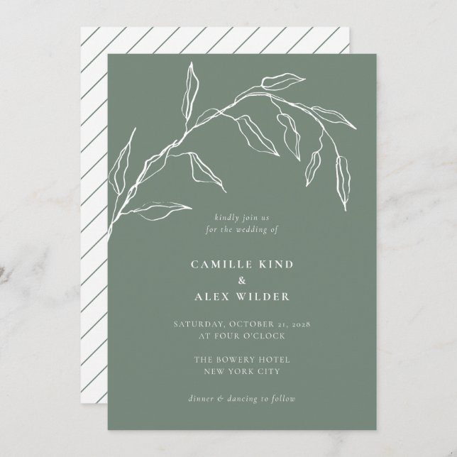 Modern Minimal Sage Green Botanical Leaf Wedding Invitation (Front/Back)