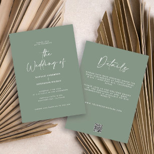 Modern minimal sage green detail QR code wedding Invitation