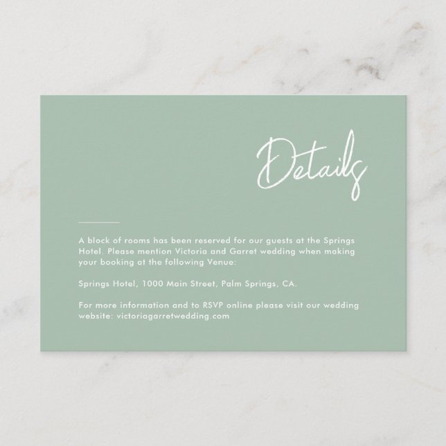 Modern Minimal Sage Green Hand Script Wedding Enclosure Card (Front)