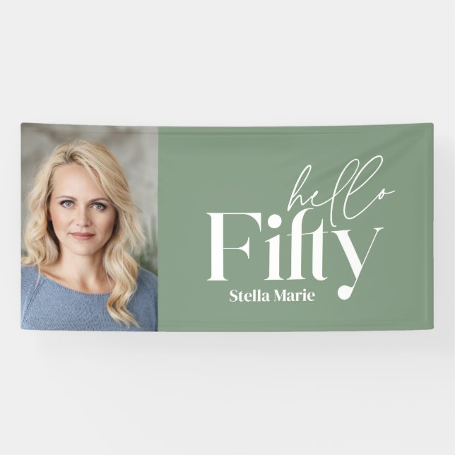 Modern minimal sage green photo 50th birthday banner (Horizontal)