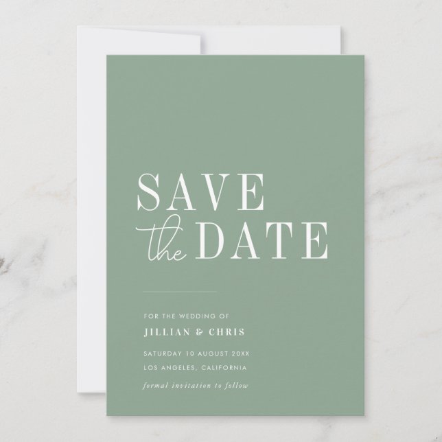 modern minimal sage green save the date card (Front)