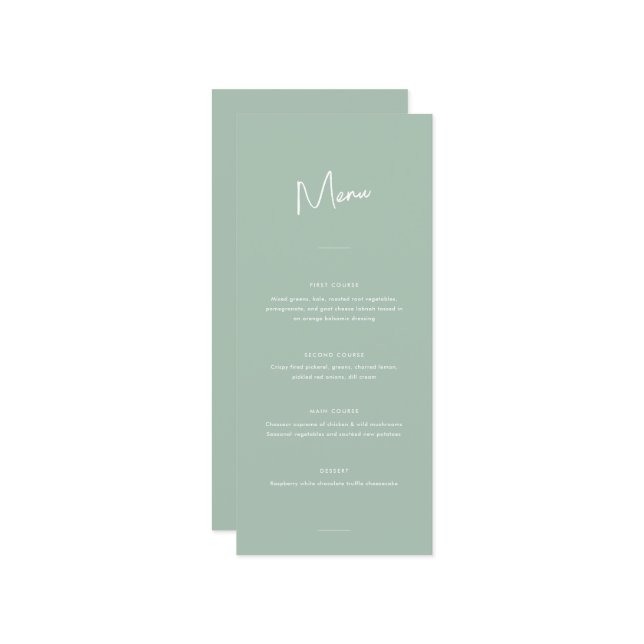 Modern Minimal Sage Green Script Wedding Menu (Front/Back In Situ)