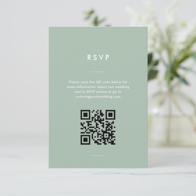 Modern Minimal Sage Green Script Wedding RSVP Card (Standing Front)