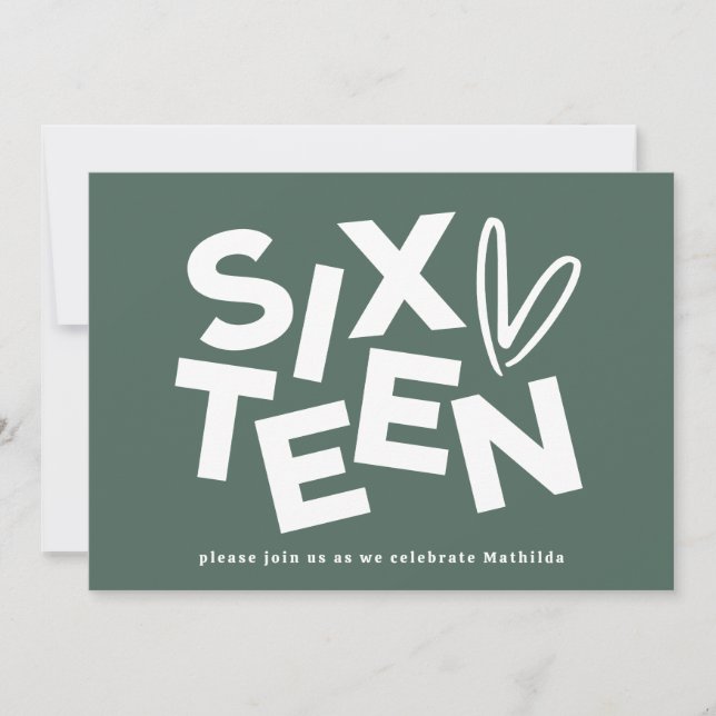 Modern minimal sage green typography 16th birthday invitation (Front)