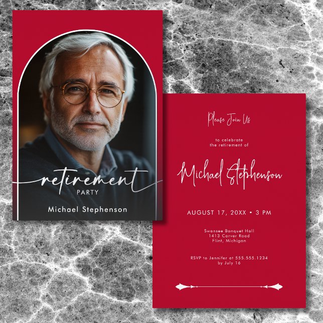 Modern Minimal Scarlet Red Retirement Party (Modern Minimal Scarlet Red Foil Retirement Party Foil Invitation)