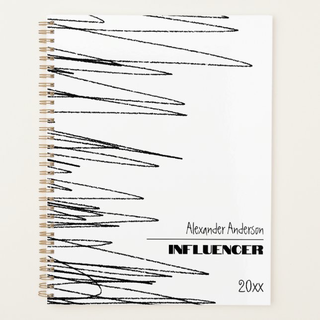 Modern Minimal Scribble Black And White Abstract Planner (Front)